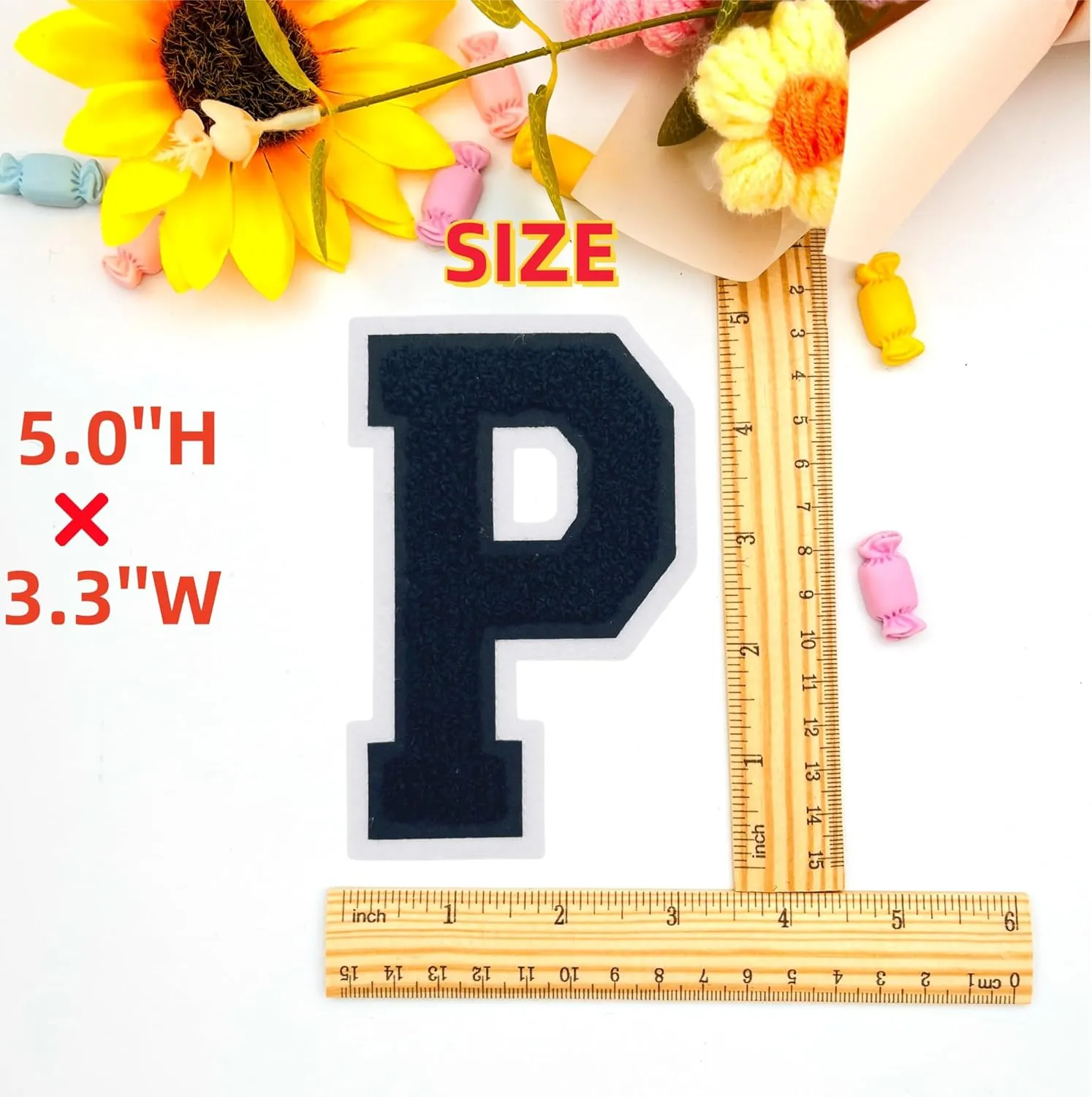 2Pcs 5.0" Black Chenille Letter Patches, Iron On Embroidered Alphabet Patches for Clothing, Jeans, Jackets, Backpacks, Hats- Varsity Letters with White Border (Letter P)