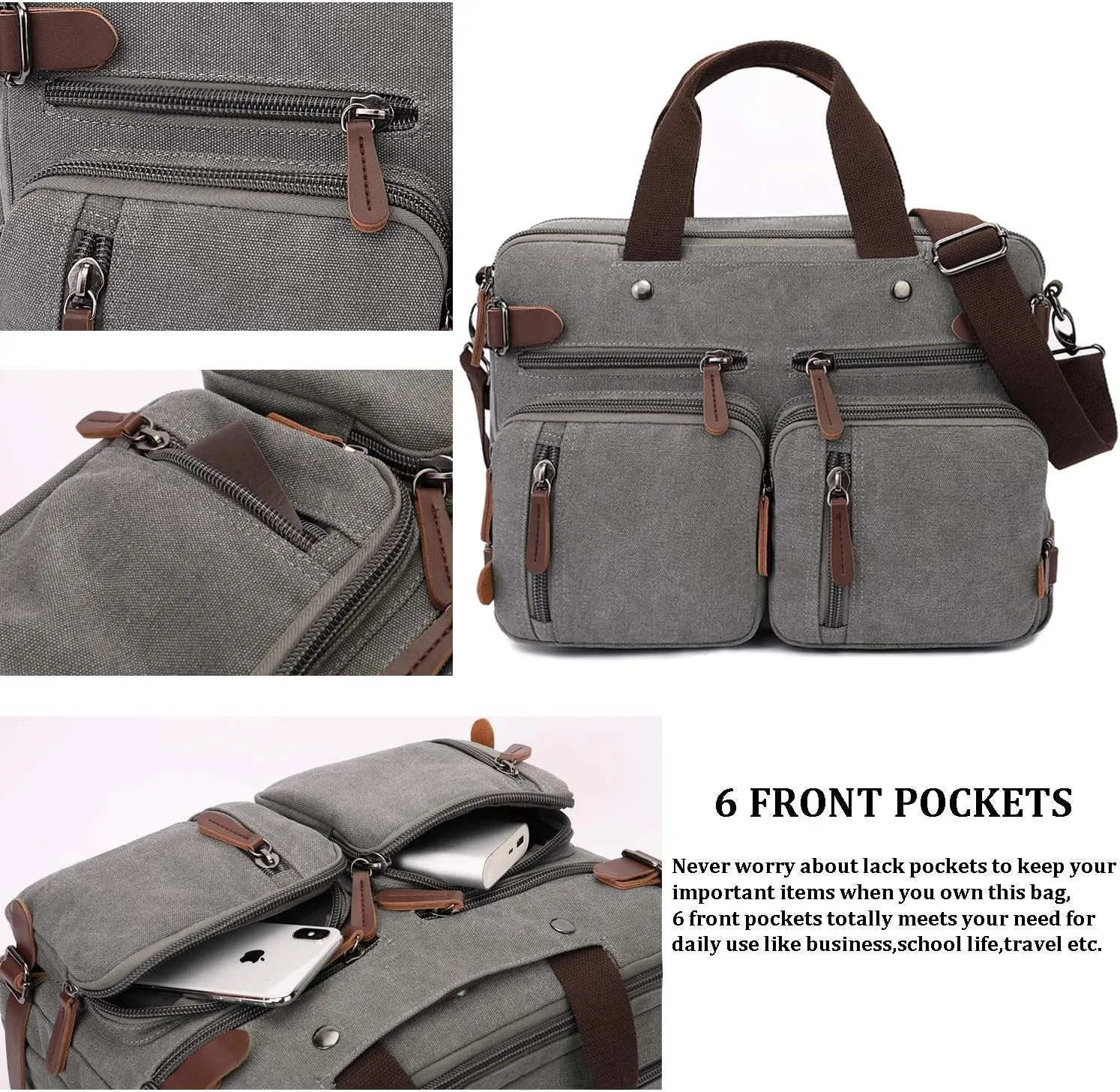 3 in 1 Convertible Laptop Backpack, 17.3 inch Messenger Bag for Men, Multi-Functional Travel Laptop Bag for College Men Women (17.3 Inch, Grey)