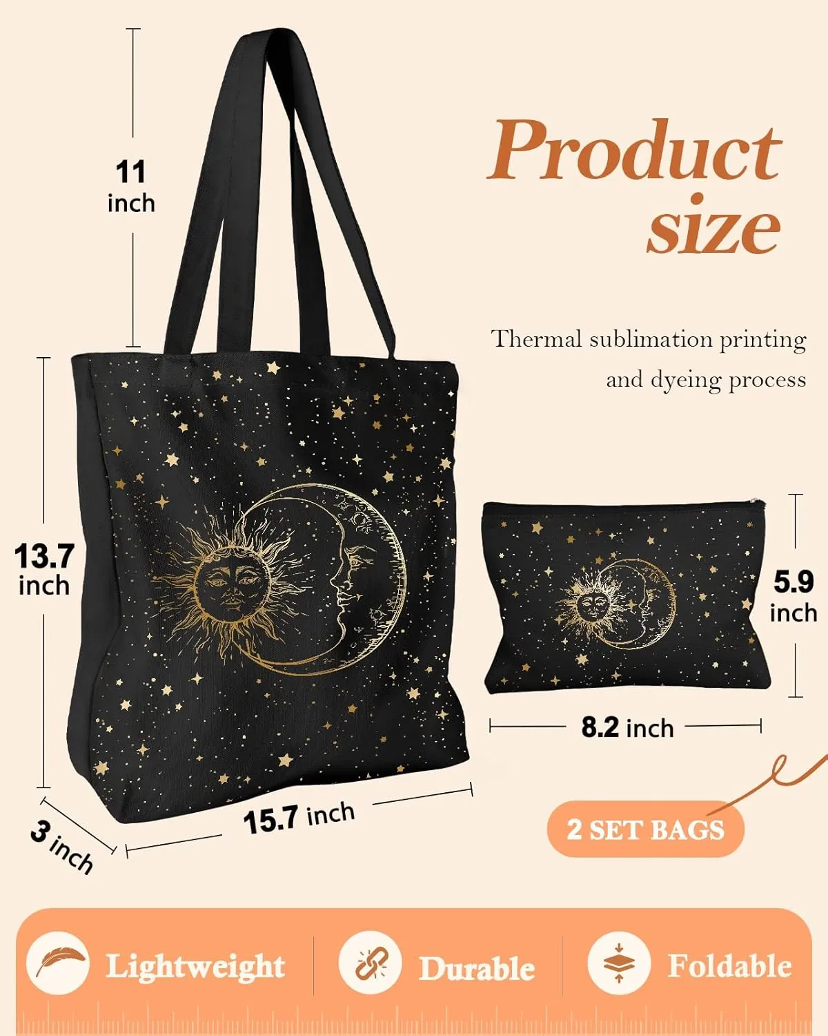 Aesthetic 2 Pack Canvas Tote Bag - with Makeup Zipper Pouch for Women Bag for Shopping, Gym, Travel, Vacation