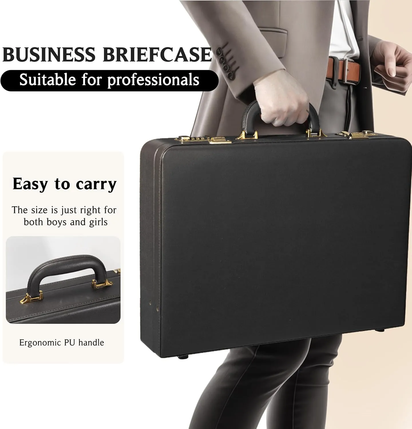 Briefcases for Men, Professional Leather Briefcase with Lock, Hard Shell Business Brief Case, Durable Executive Attache Case for Laptop Documents, Mens Hard Briefcase for Work Office Travel, Black