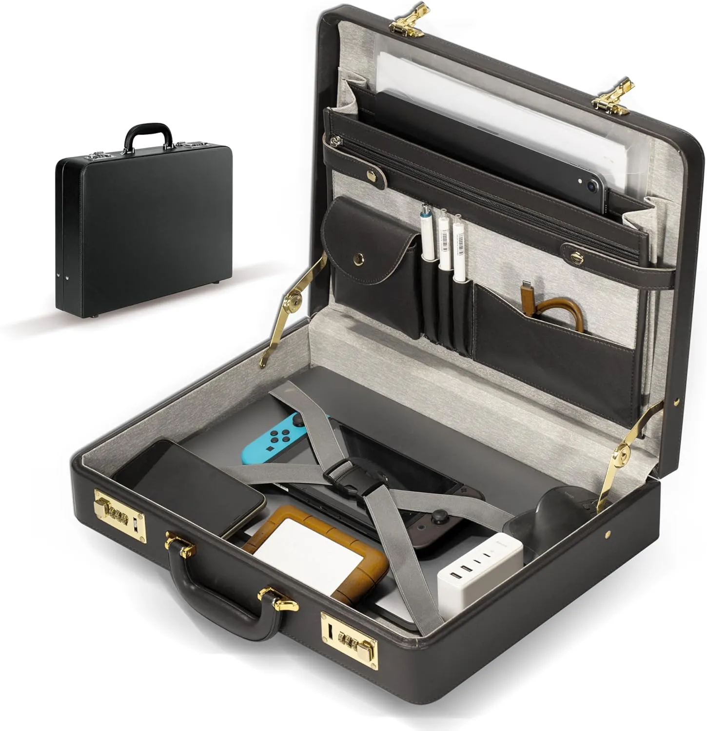 Briefcases for Men, Professional Leather Briefcase with Lock, Hard Shell Business Brief Case, Durable Executive Attache Case for Laptop Documents, Mens Hard Briefcase for Work Office Travel, Black