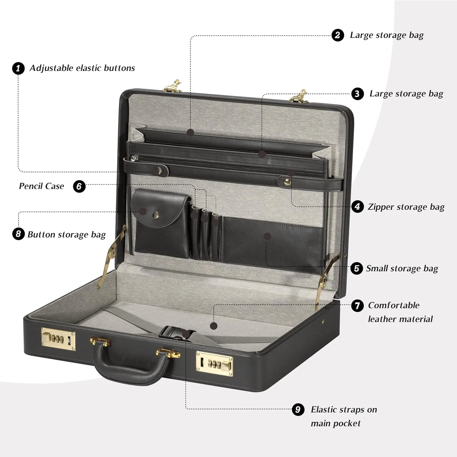 Briefcases for Men, Professional Leather Briefcase with Lock, Hard Shell Business Brief Case, Durable Executive Attache Case for Laptop Documents, Mens Hard Briefcase for Work Office Travel, Black
