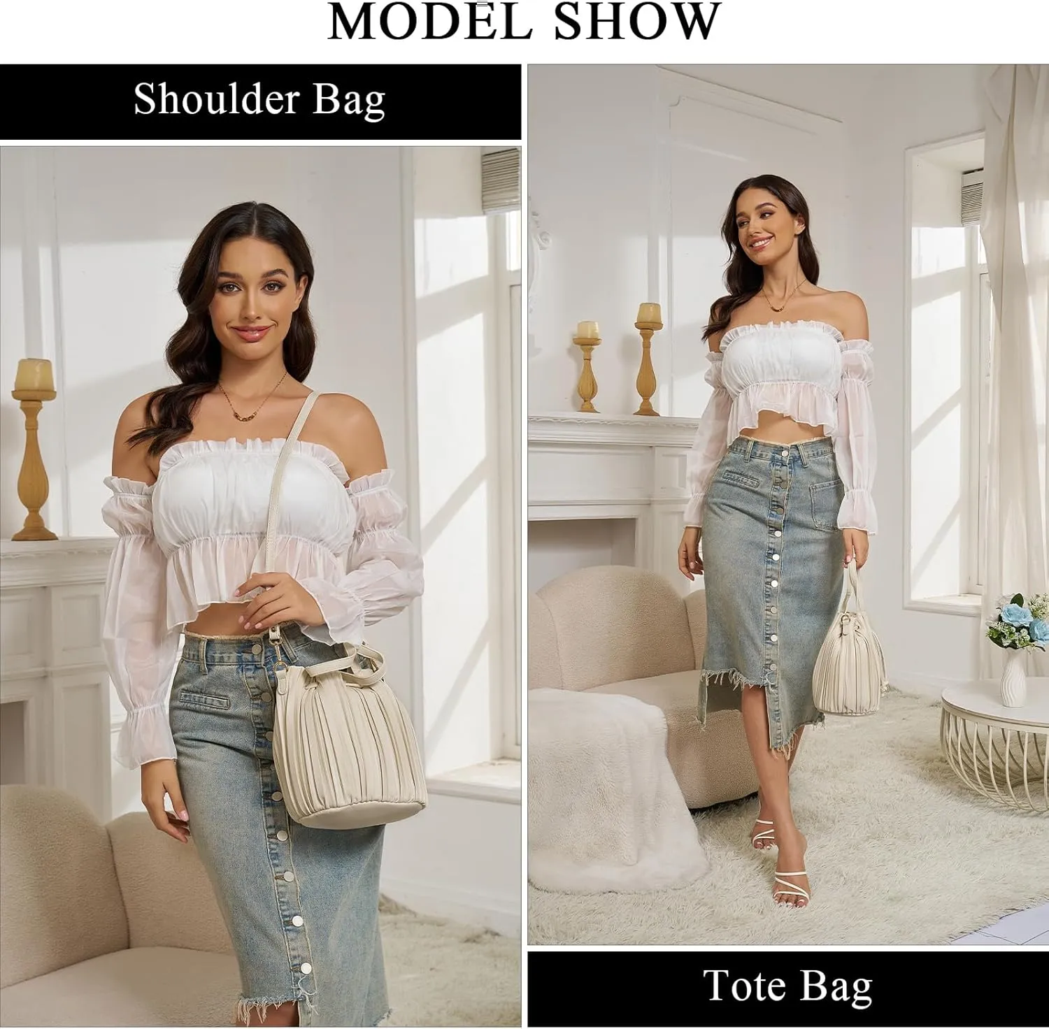 Bucket Bags for Women, Mini Leather Drawstring Crossbody Bucket Purses Pleated Shoulder Handbags
