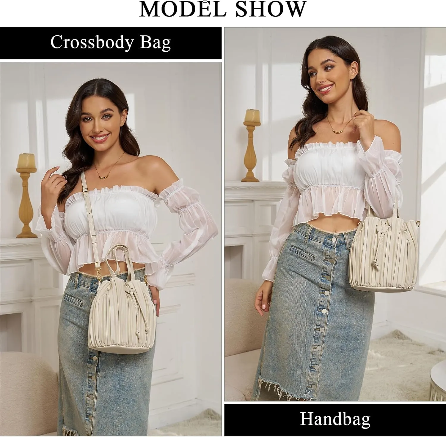 Bucket Bags for Women, Mini Leather Drawstring Crossbody Bucket Purses Pleated Shoulder Handbags