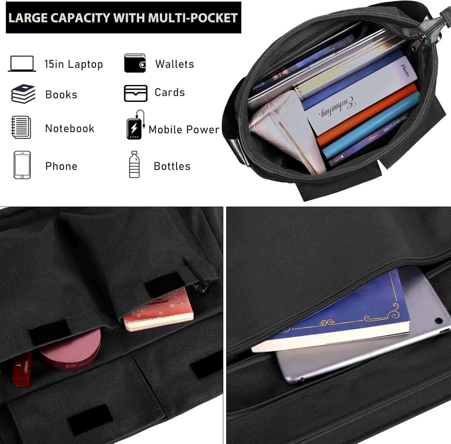Canvas Messenger Bag Crossbody Shoulder Bag for Men Women Vintage Tote Laptop Bag Large Hobo Bag with Multiple Pockets