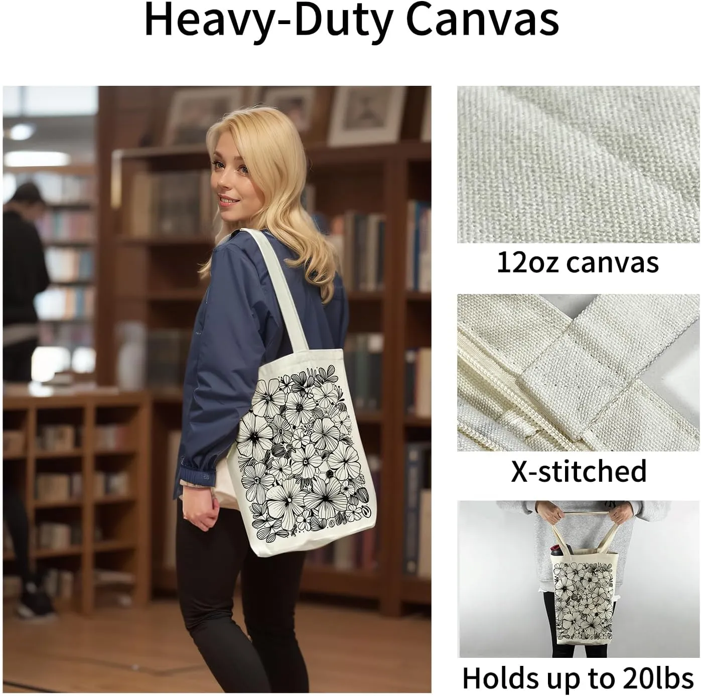 Canvas Tote Bag for Women, Aesthetic Tote Bag with Zipper Pocket for Grocery Travel Work Gift, Canvas Shopping Bag