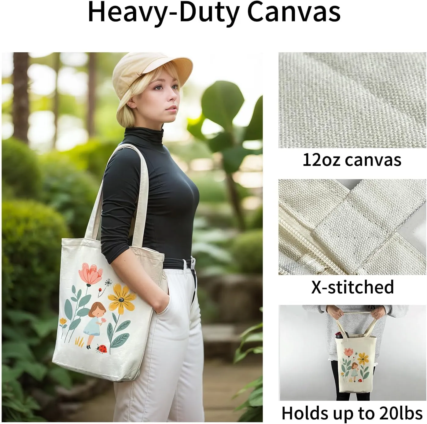 Canvas Tote Bag for Women, Aesthetic Tote Bag with Zipper Pocket for Grocery Travel Work Gift, Canvas Shopping Bag