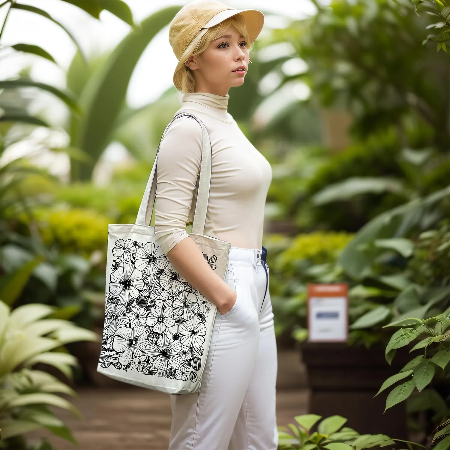 Canvas Tote Bag for Women, Aesthetic Tote Bag with Zipper Pocket for Grocery Travel Work Gift, Canvas Shopping Bag