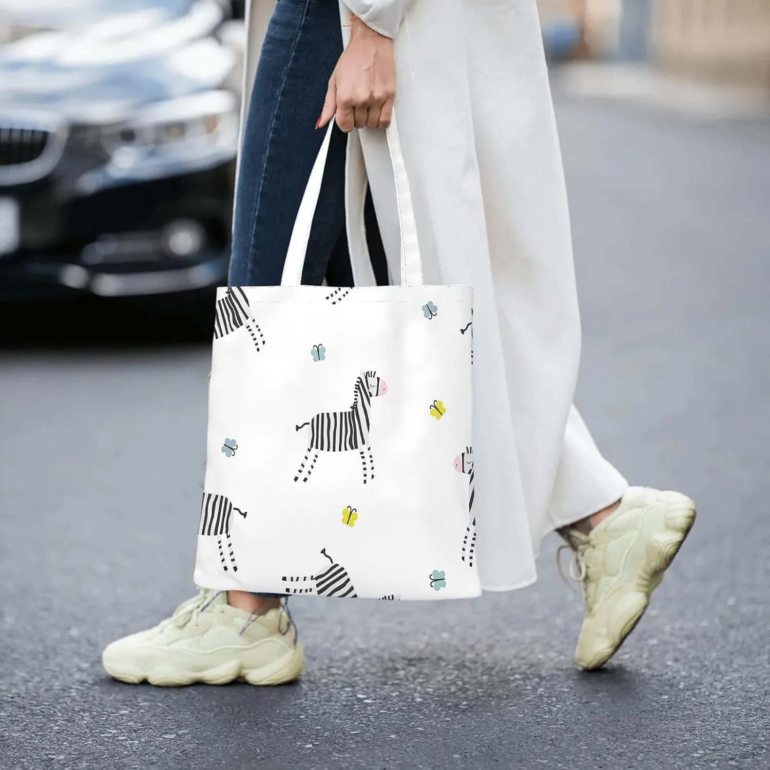 Canvas Tote BagViruses Cartoon Bacteria Emoticon Reusable Large Shopping Shoulder Tote Bag For Women