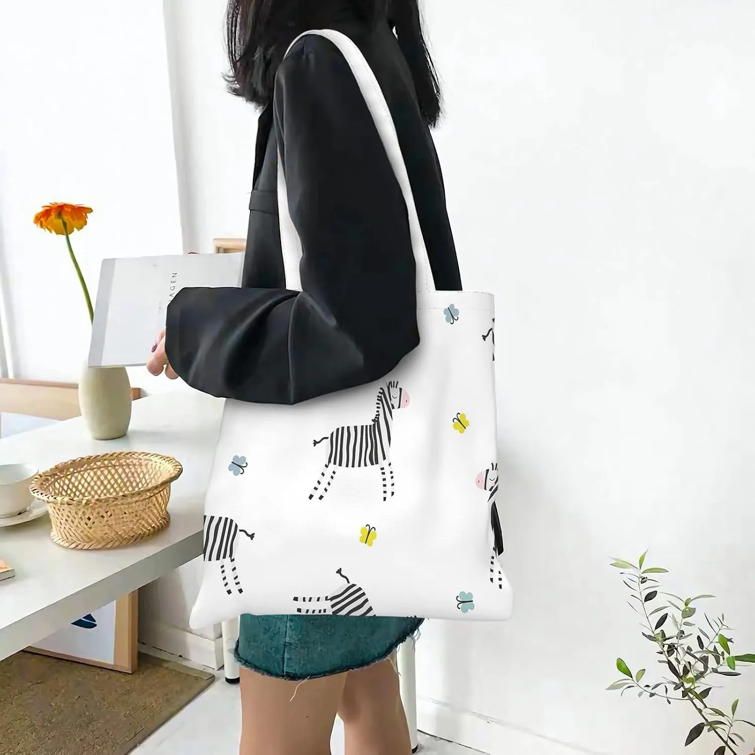 Canvas Tote BagViruses Cartoon Bacteria Emoticon Reusable Large Shopping Shoulder Tote Bag For Women
