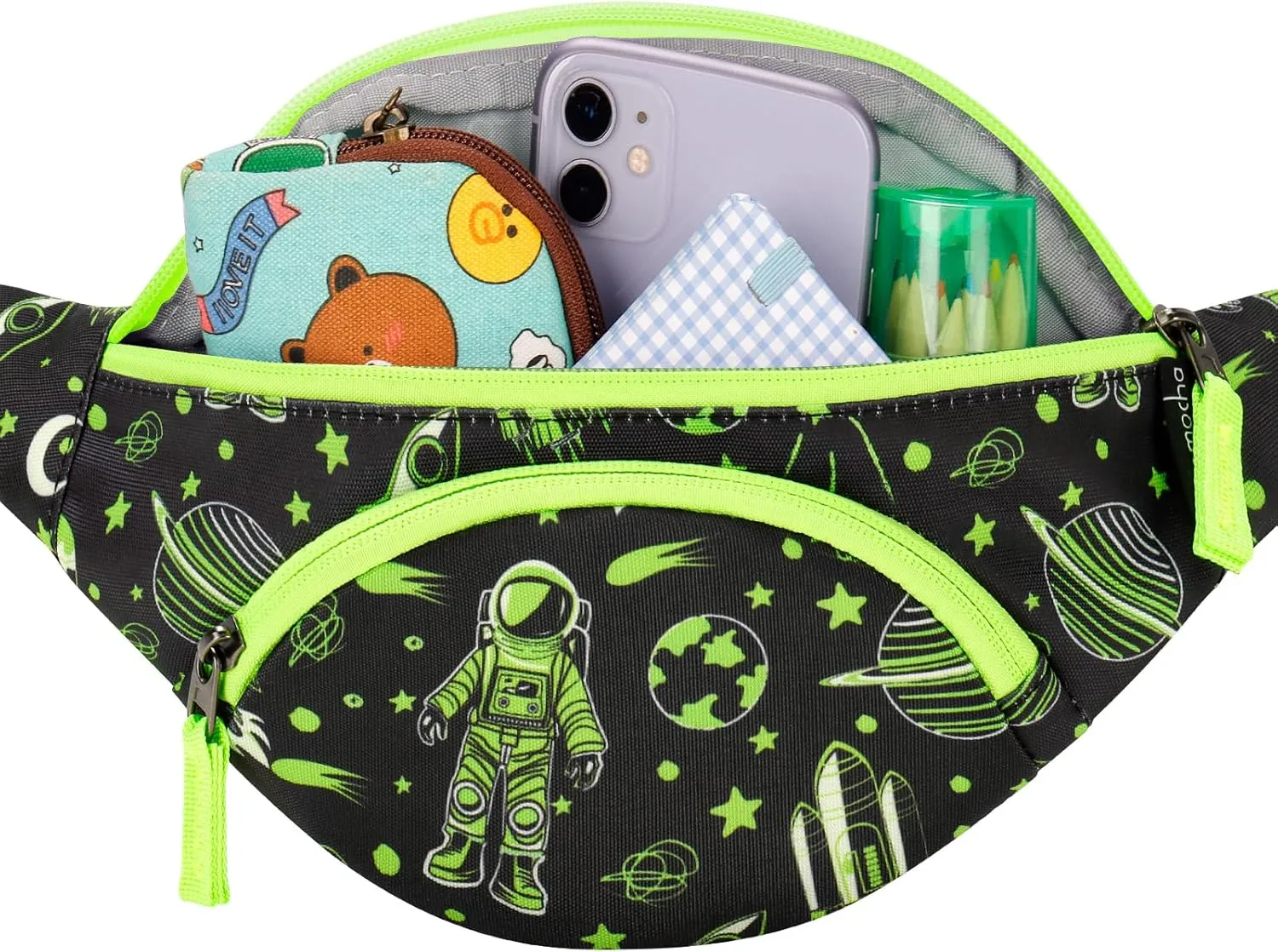 Choco Mocha Kids Fanny Pack for Boys, Toddler Belt Bag 2-4 4-6 Kid Waist Bag Outer for Little Boy age 6-9 8-12 Small Hip Pack (Astronaut-Neon Green)