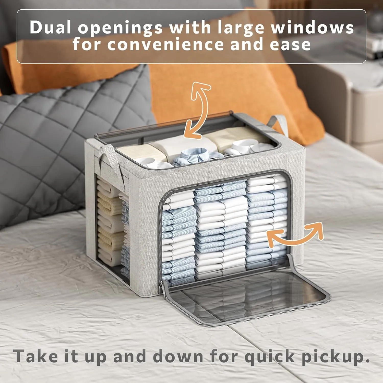 Clothes Storage Bins 4 Pack Foldable Storage Organizer Bin with Metal Frame for Clothes Blanket Sweater Linen Fabric Storage Box with Opening Clear Window(Light Gray, 19.7"L x 15.7"W x 12.6"H(inch))