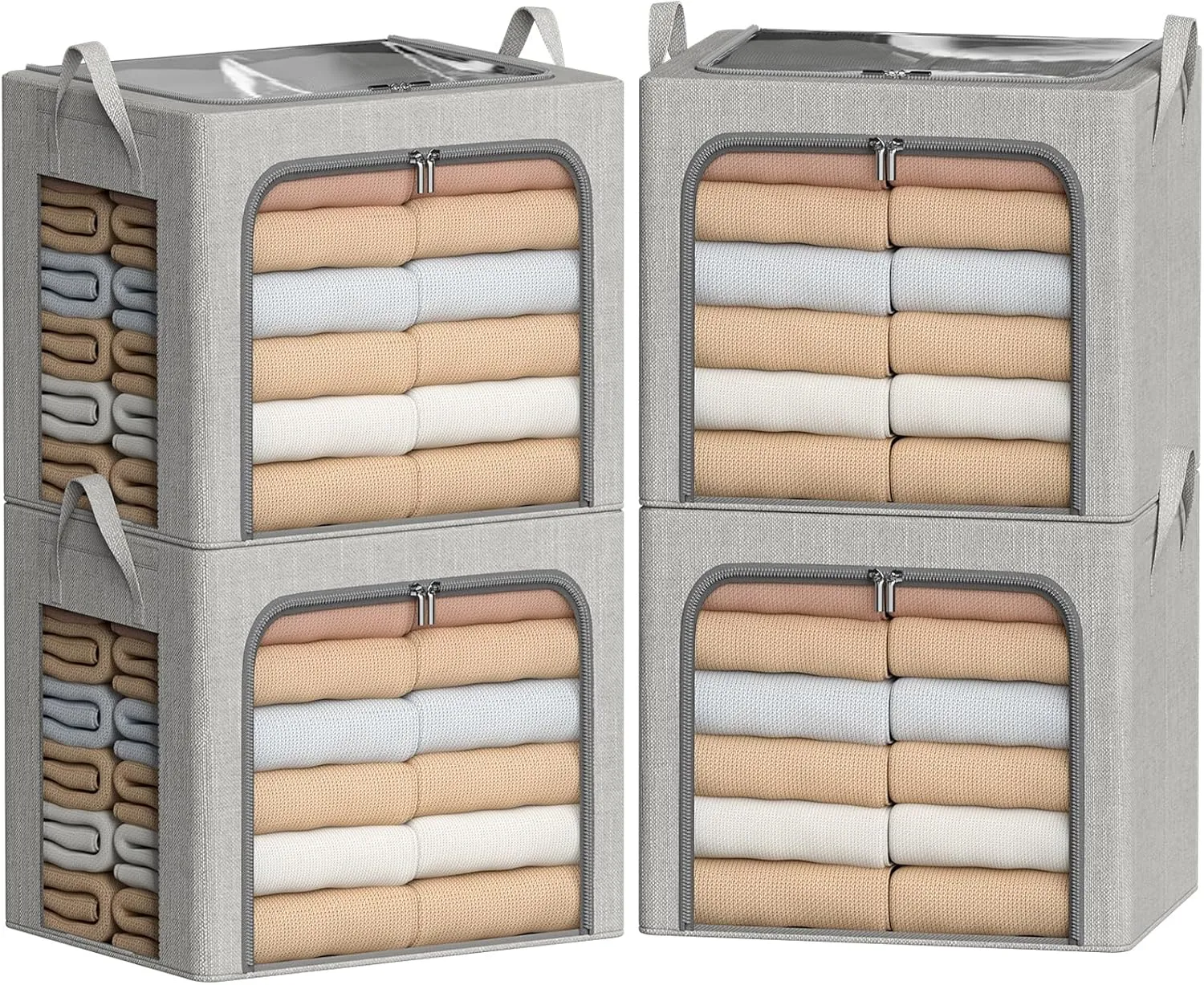 Clothes Storage Bins 4 Pack Foldable Storage Organizer Bin with Metal Frame for Clothes Blanket Sweater Linen Fabric Storage Box with Opening Clear Window(Light Gray, 19.7"L x 15.7"W x 12.6"H(inch))