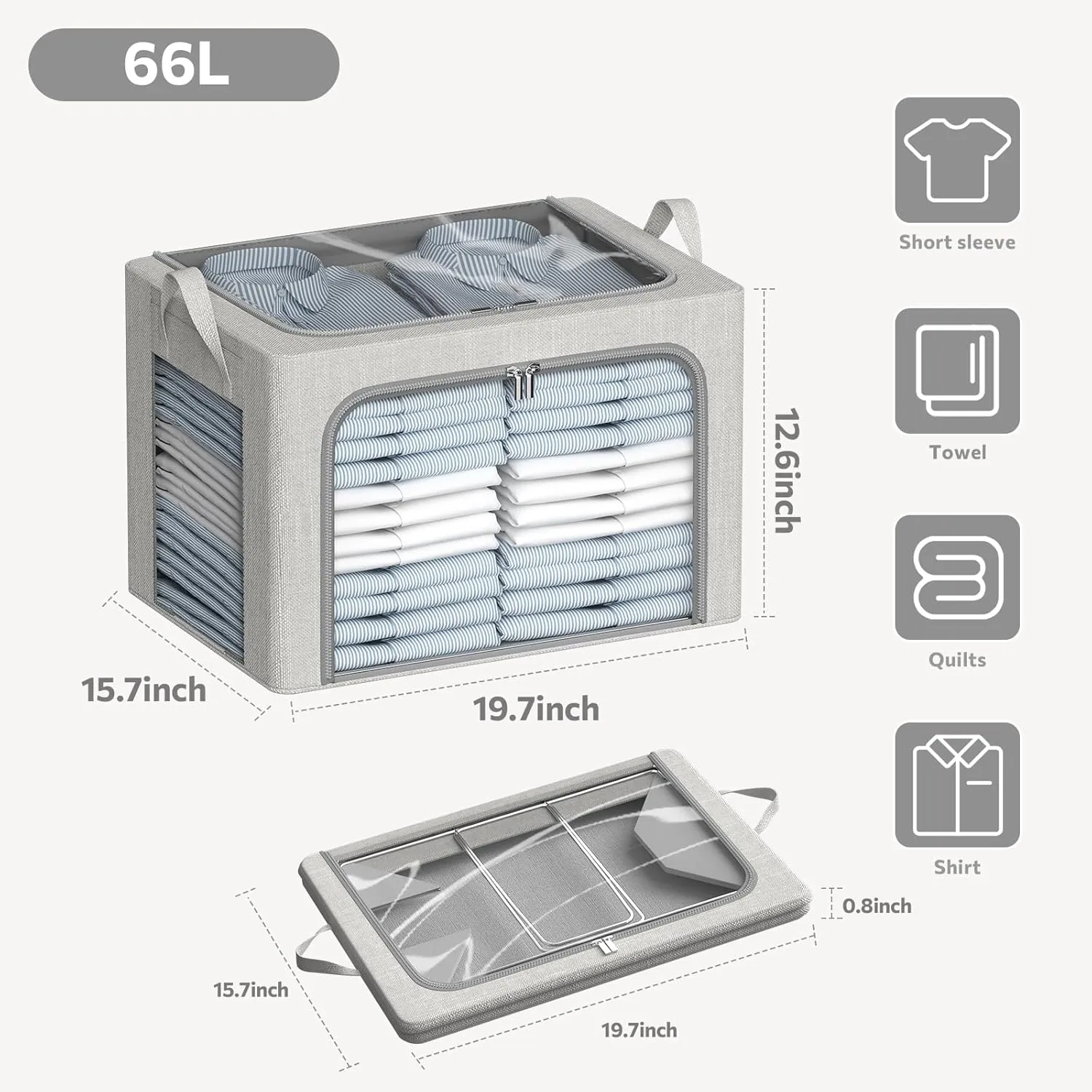 Clothes Storage Bins 4 Pack Foldable Storage Organizer Bin with Metal Frame for Clothes Blanket Sweater Linen Fabric Storage Box with Opening Clear Window(Light Gray, 19.7"L x 15.7"W x 12.6"H(inch))