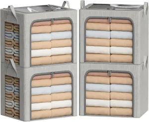 Clothes Storage Bins 4 Pack Foldable Storage Organizer Bin with Metal Frame for Clothes Blanket Sweater Linen Fabric Storage Box with Opening Clear Window(Light Gray, 19.7"L x 15.7"W x 12.6"H(inch))