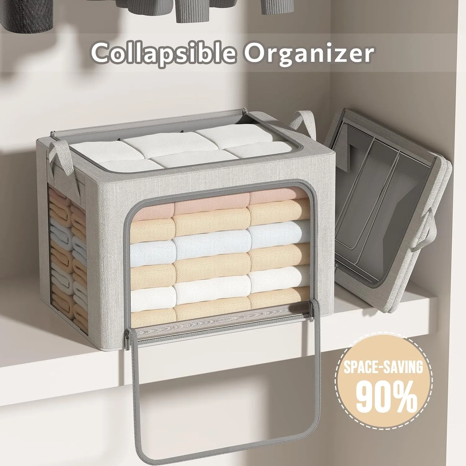 Clothes Storage Bins 4 Pack Foldable Storage Organizer Bin with Metal Frame for Clothes Blanket Sweater Linen Fabric Storage Box with Opening Clear Window(Light Gray, 19.7"L x 15.7"W x 12.6"H(inch))