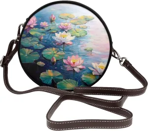 Colorful Lotus Flowers In The Pond Women Round Crossbody Bags Leather Sling Bag Purse