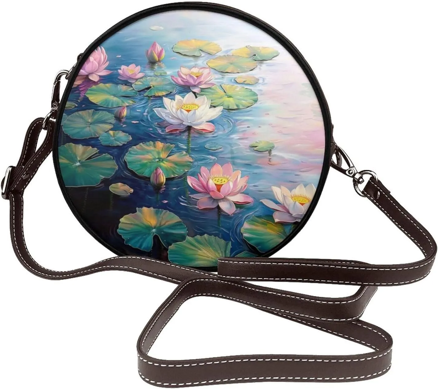 Colorful Lotus Flowers In The Pond Women Round Crossbody Bags Leather Sling Bag Purse