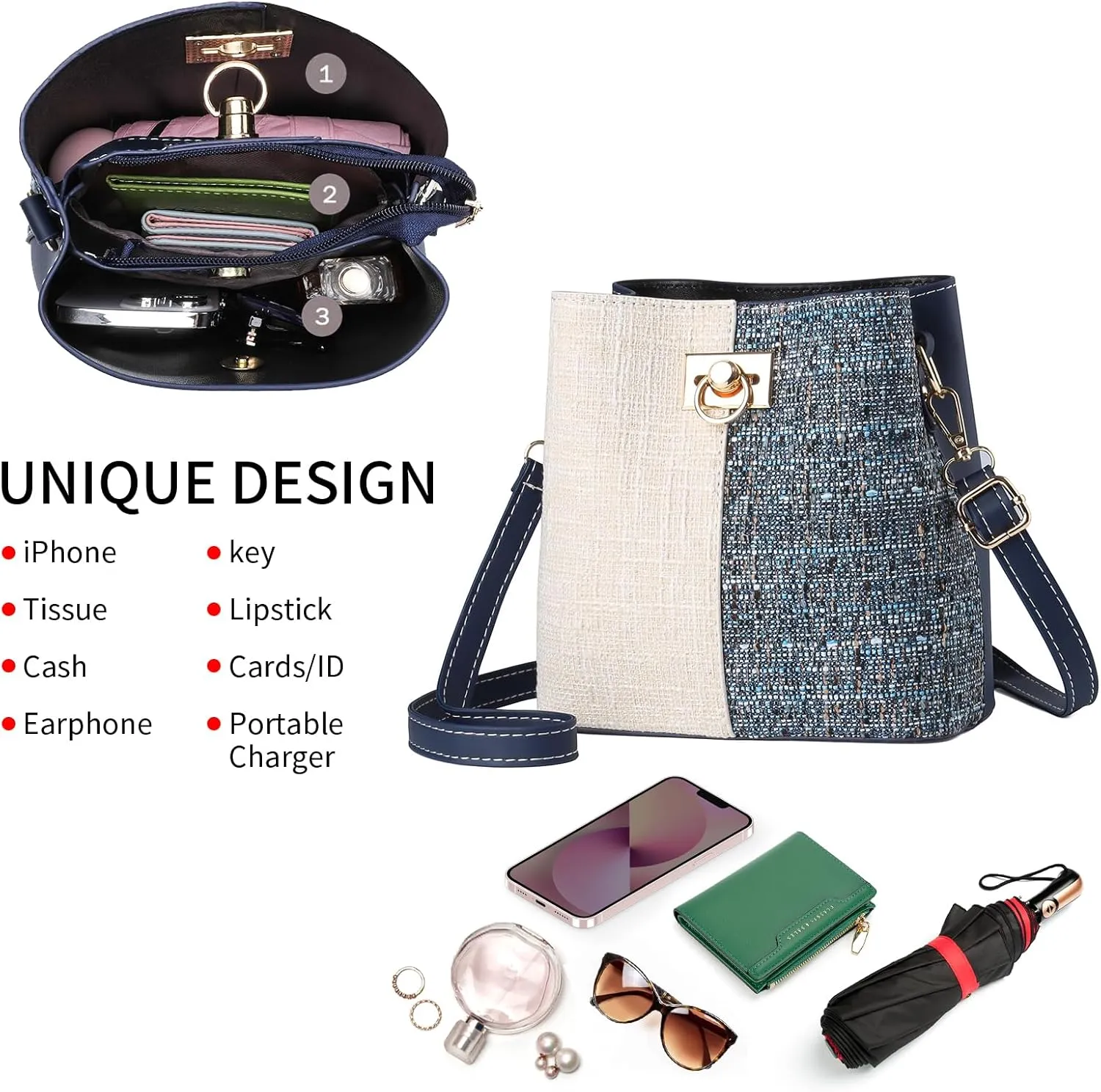 Cross Body Purse for Woman Trendy,Crossbody Bucket Bags-PU Leather with Adjustable Shoulder Strap, Multiple Pockets