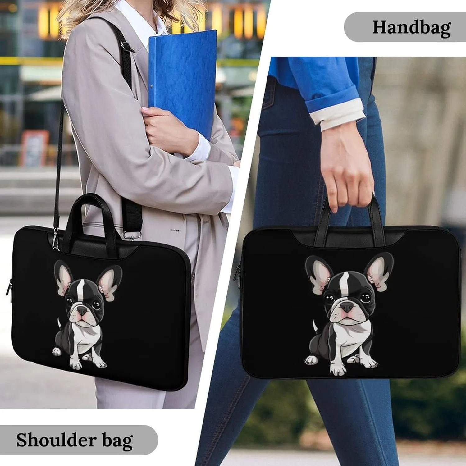 Cute Boston Terrier Dog Laptop Bag PU Leather Computer Tote Bag Carrying Case Messenger Bag with Handle