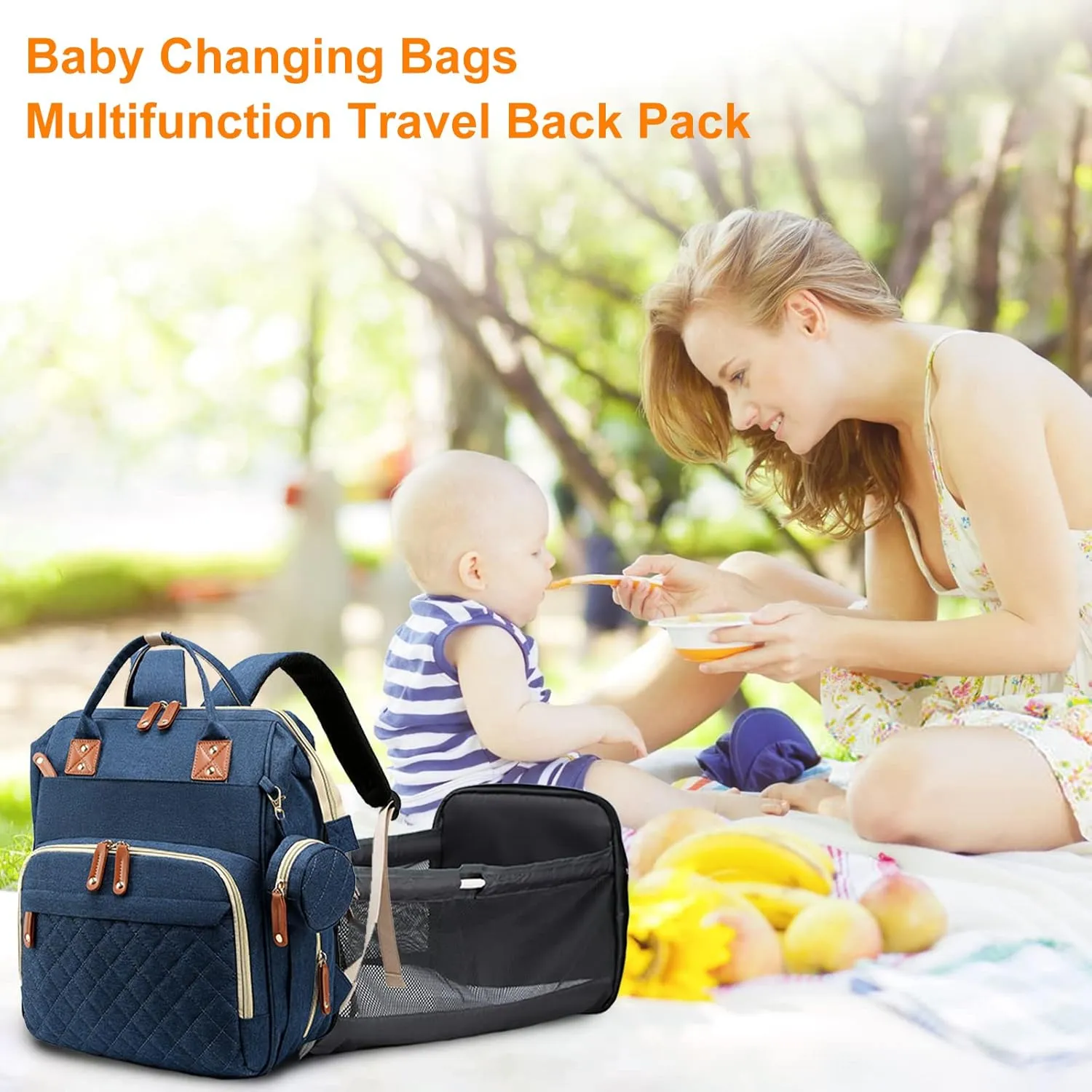 Diaper Bag with Changing Station, Waterproof 3 in 1 Baby Diaper Backpack with Foldable Changing Pad, Large Travel Back Pack for Baby Girl Boy, Blue
