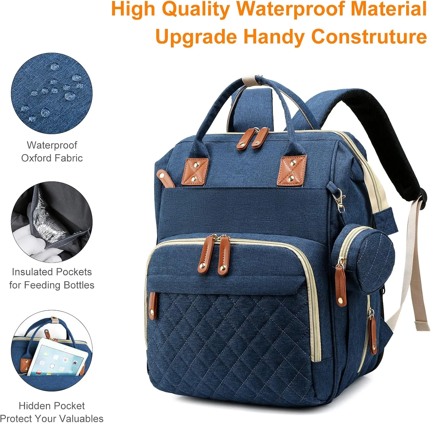 Diaper Bag with Changing Station, Waterproof 3 in 1 Baby Diaper Backpack with Foldable Changing Pad, Large Travel Back Pack for Baby Girl Boy, Blue