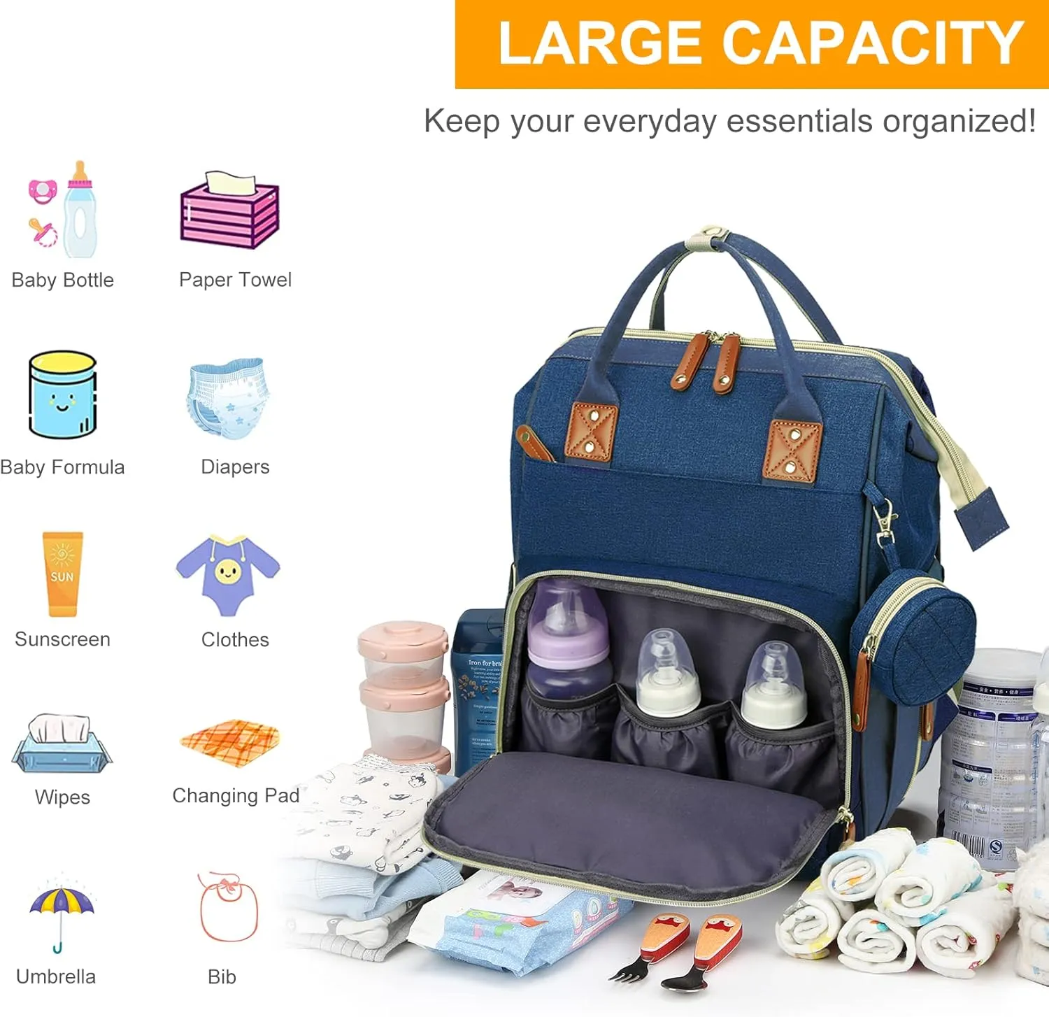 Diaper Bag with Changing Station, Waterproof 3 in 1 Baby Diaper Backpack with Foldable Changing Pad, Large Travel Back Pack for Baby Girl Boy, Blue