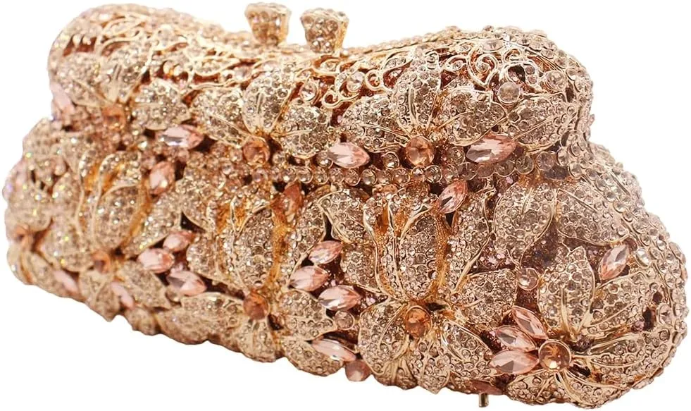 DJBM Vintage Women Floral Rhinestone Crystal Purse Rose Evening Clutch Diamond Evening Bags for Party Wedding Cocktail Prom