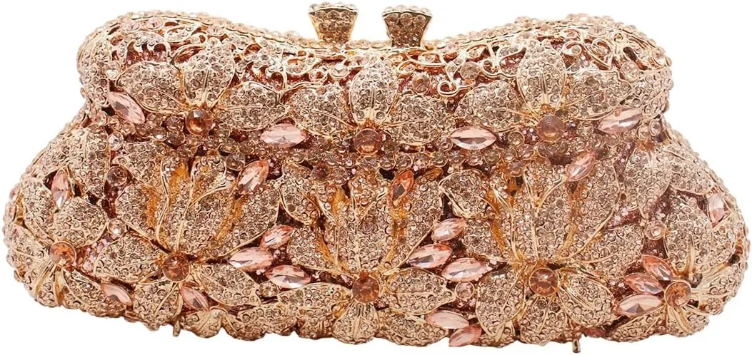 DJBM Vintage Women Floral Rhinestone Crystal Purse Rose Evening Clutch Diamond Evening Bags for Party Wedding Cocktail Prom