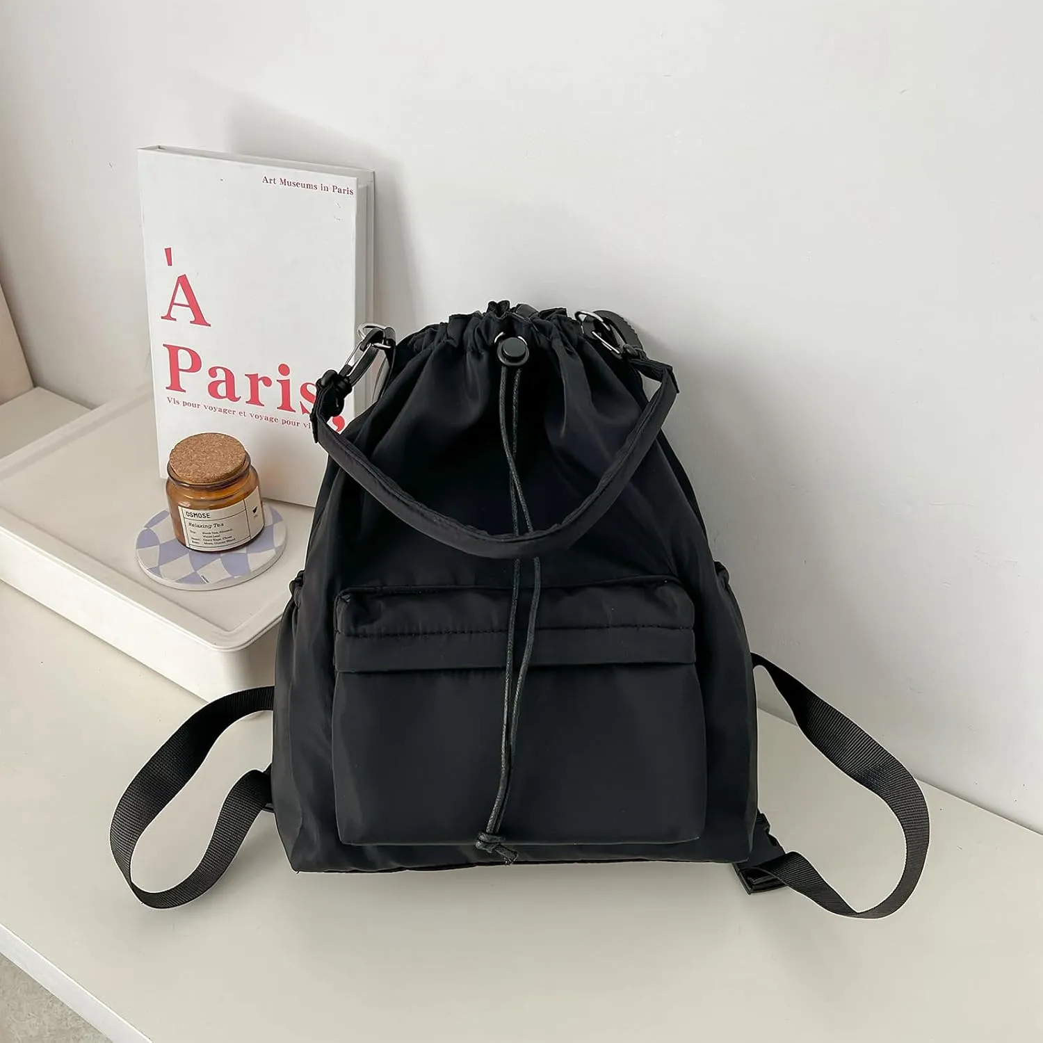 Drawstring Backpack, Small Nylon Drawstring Bucket Bag Purse, Black, One Size