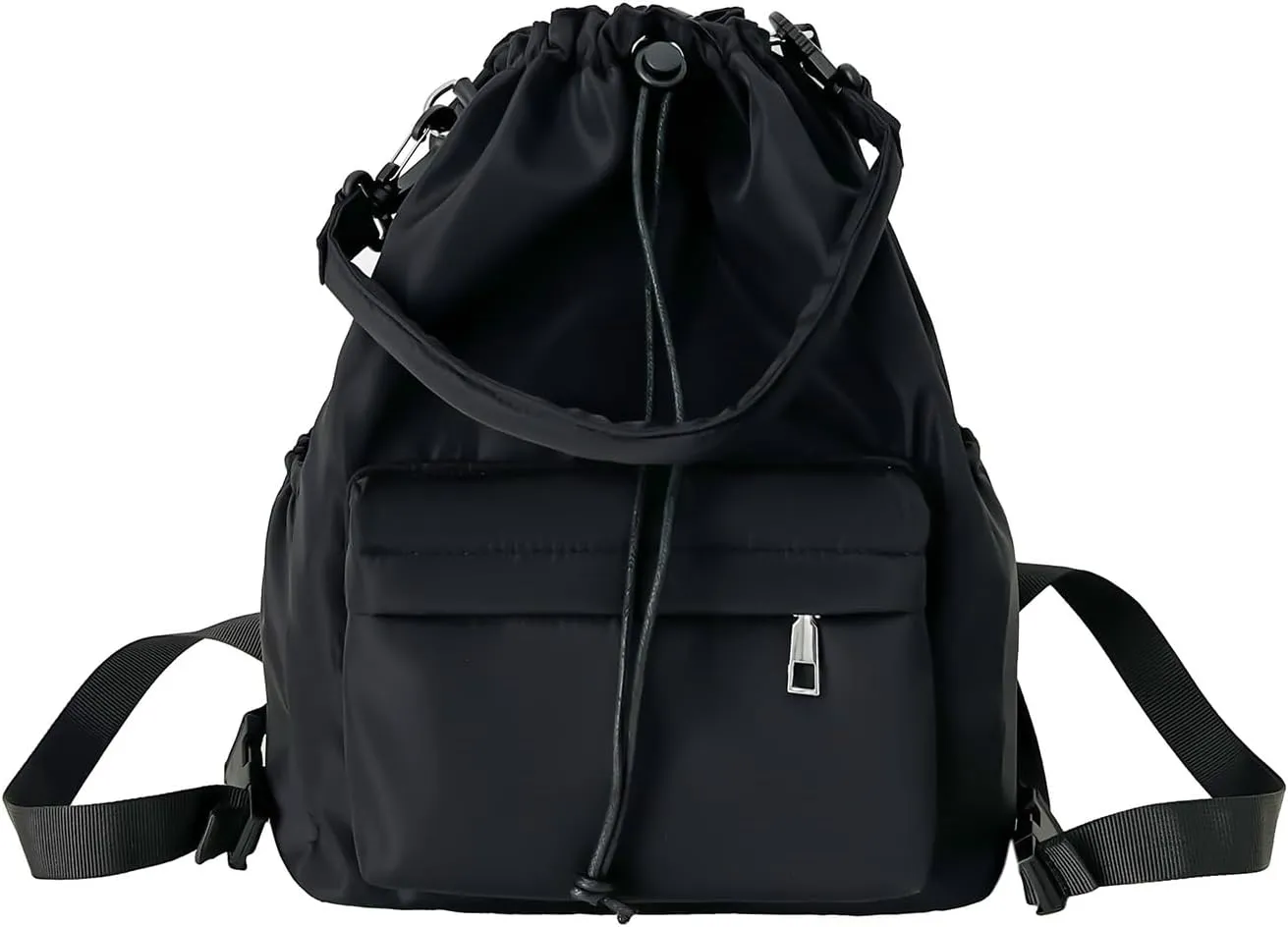 Drawstring Backpack, Small Nylon Drawstring Bucket Bag Purse, Black, One Size