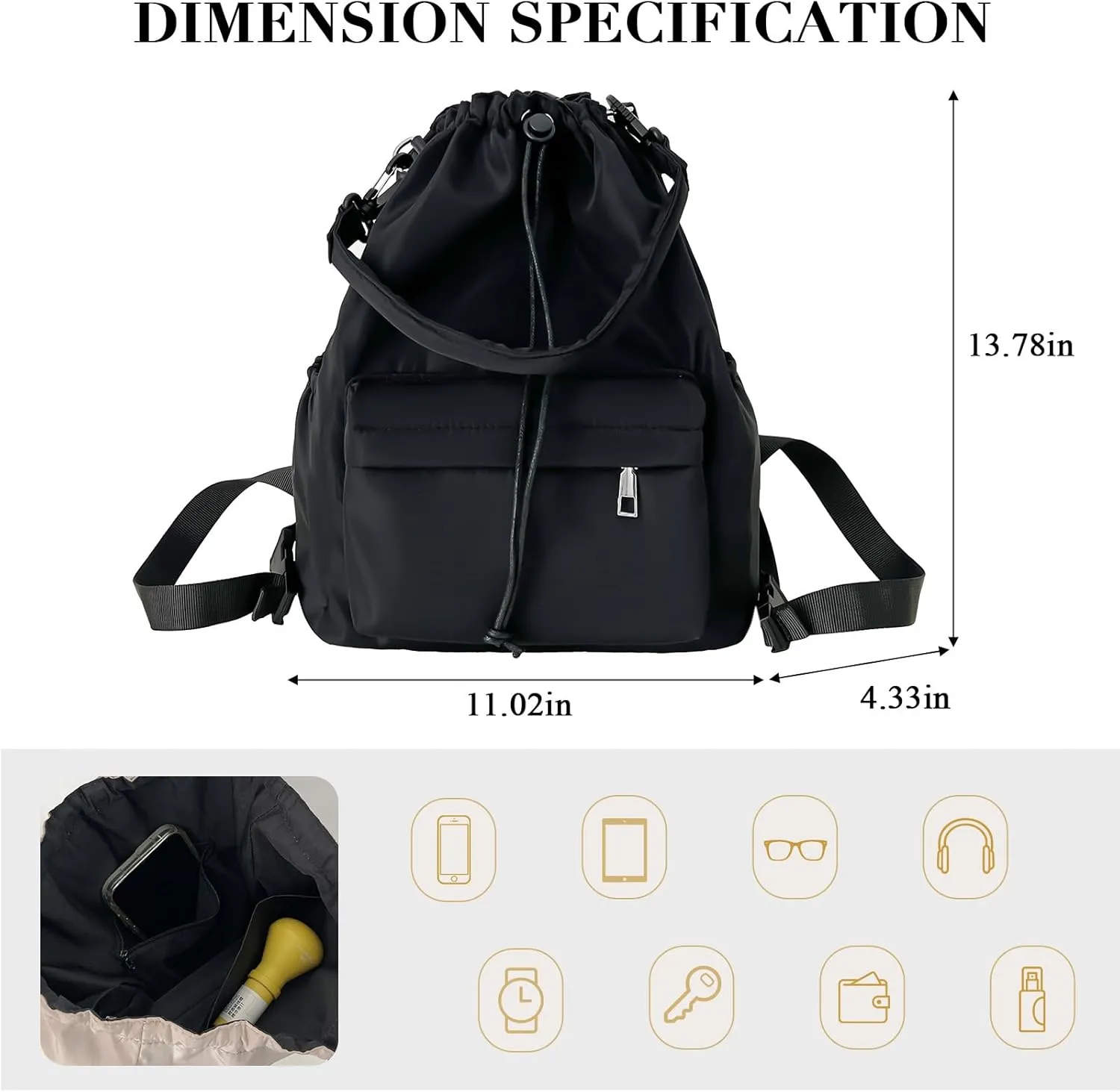 Drawstring Backpack, Small Nylon Drawstring Bucket Bag Purse, Black, One Size
