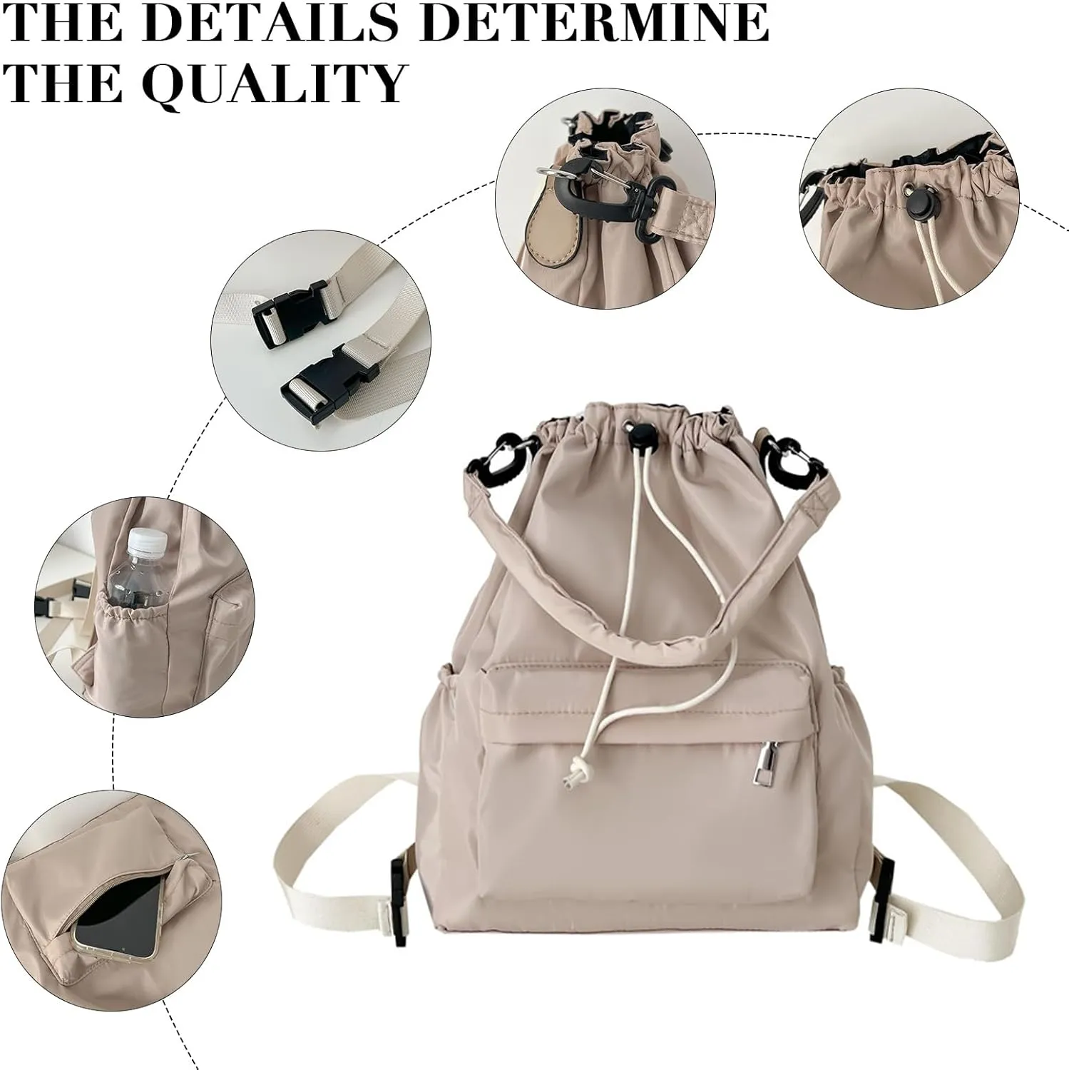 Drawstring Backpack, Small Nylon Drawstring Bucket Bag Purse, Black, One Size