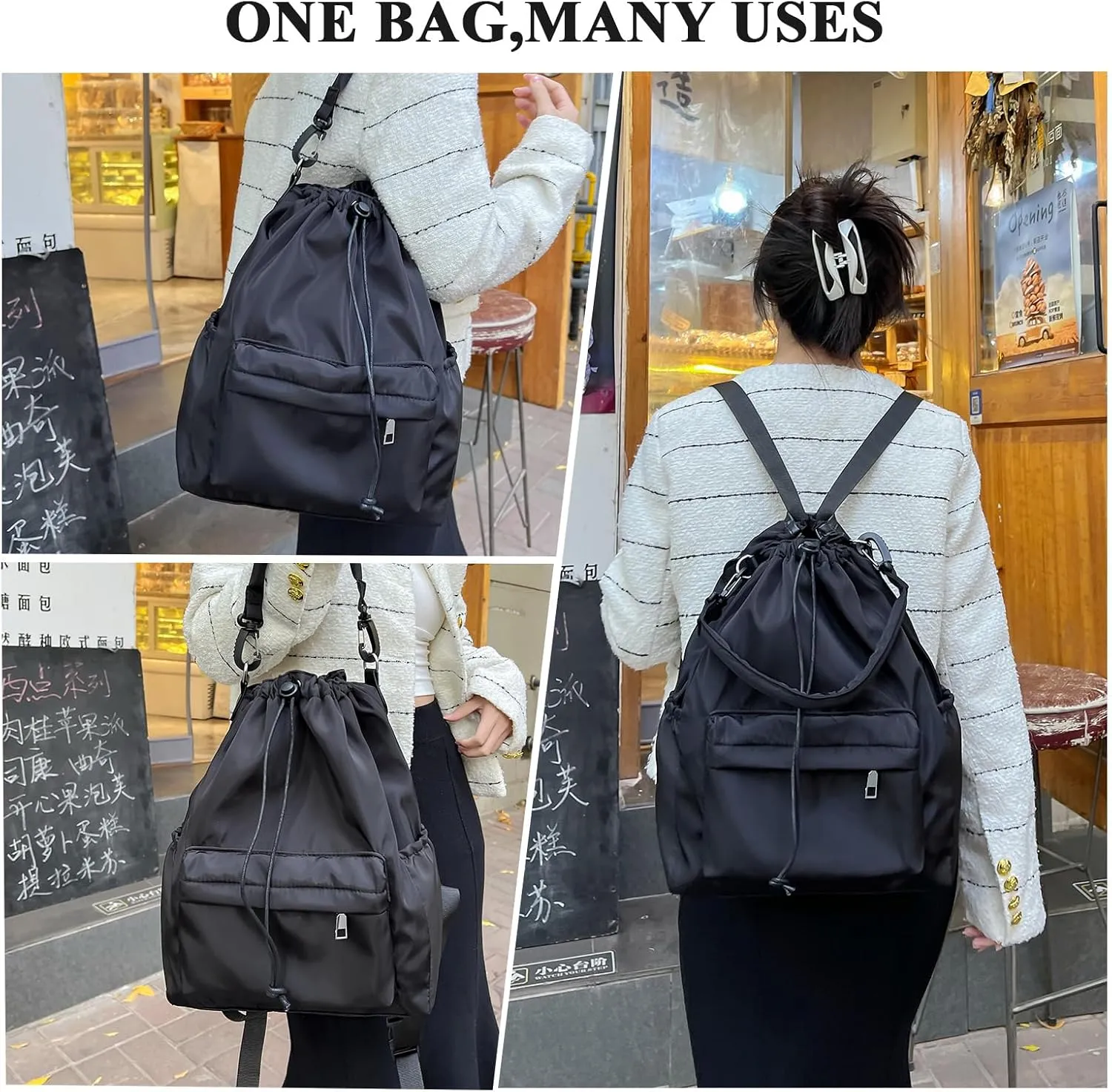 Drawstring Backpack, Small Nylon Drawstring Bucket Bag Purse, Black, One Size