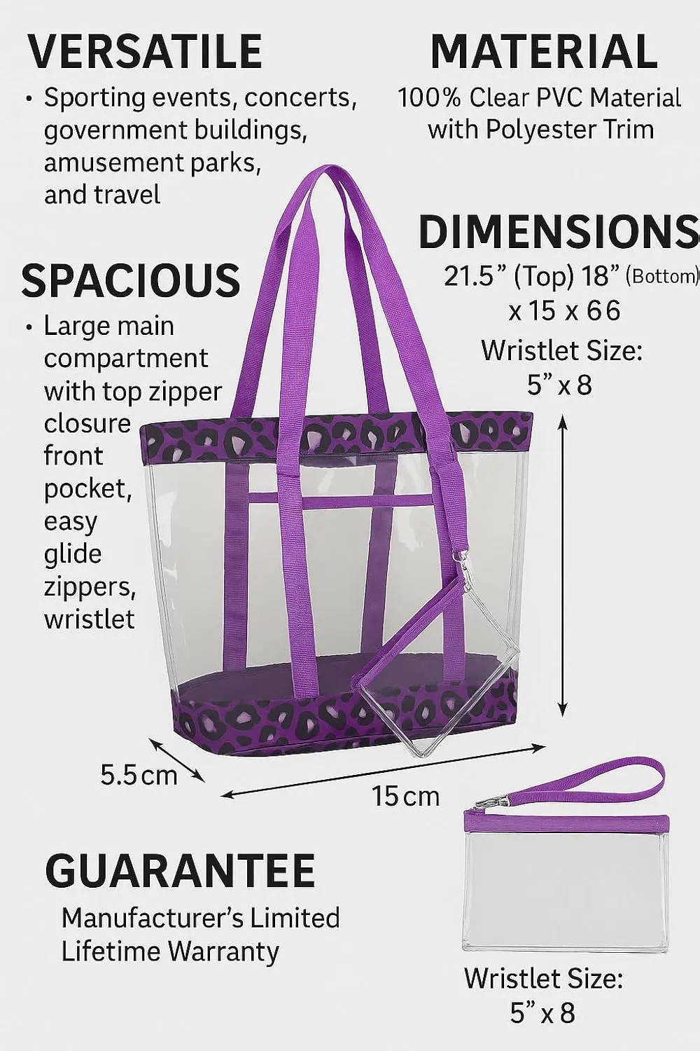 Eastsport Transparent Large Clear Tote Bag for Women Beach Bag Clear Purse Work Bag Shoulder Bag Work Tote with Zipper
