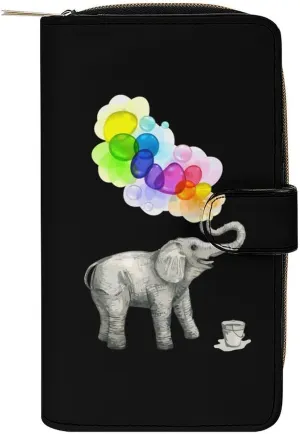 Elephant Bubble Dream Womens Wallet Zippered Long Clutch Purse Leather Card Holder RFID Blocking Bifold Clutch Handbag