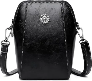 Elmyse Retro Messenger Bag, Leather Vertical Mini Mobile Phone Bag, Ladies Versatile Shoulder And Messenger Bag (Black)