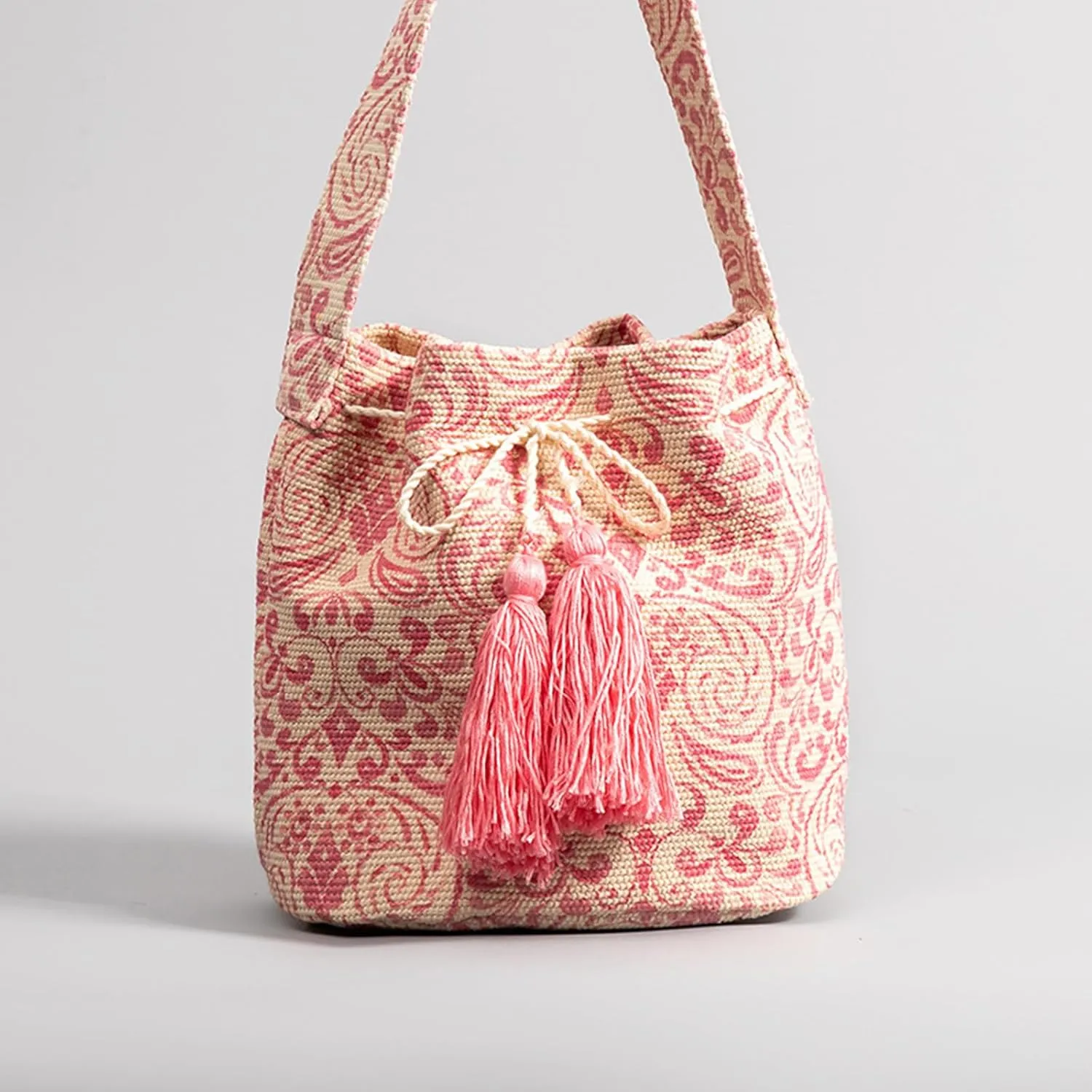 Ethnic Tote Bag for Women Canvas Handbag Bohemian Bucket Bag Retro Shoulder Crossbody Bag with Tassels