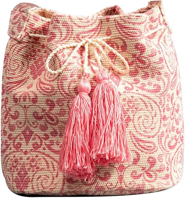 Ethnic Tote Bag for Women Canvas Handbag Bohemian Bucket Bag Retro Shoulder Crossbody Bag with Tassels