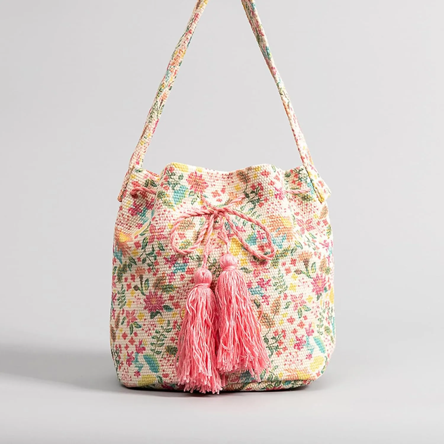 Ethnic Tote Bag for Women Canvas Handbag Bohemian Bucket Bag Retro Shoulder Crossbody Bag with Tassels