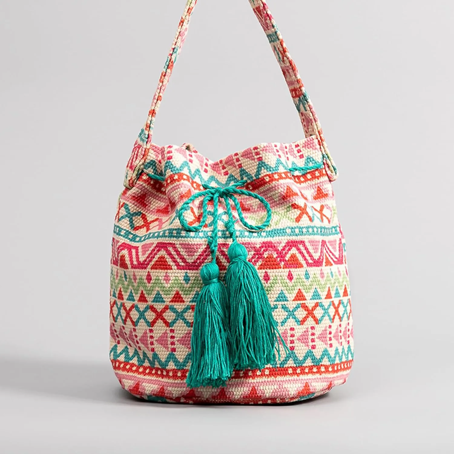 Ethnic Tote Bag for Women Canvas Handbag Bohemian Bucket Bag Retro Shoulder Crossbody Bag with Tassels