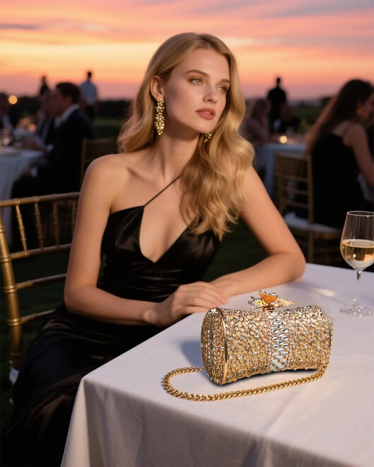 Evening Clutch Purse for Women Formal, Metallic Evening Handbags Metal Chain Shoulder Bag, Rhinestone Purse