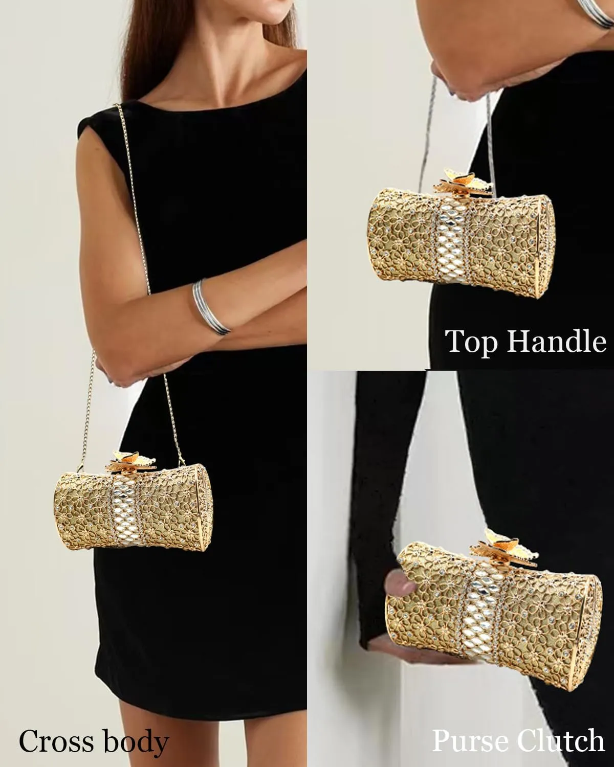 Evening Clutch Purse for Women Formal, Metallic Evening Handbags Metal Chain Shoulder Bag, Rhinestone Purse