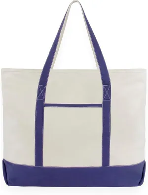 Extra Large Heavy Duty Canvas Tote Bag - 22 Inches, Zipper Top, 100% Cotton, Reusable, Washable, Sturdy, Double Stitched Picnic, Grocery Shopping Bag (Blue)
