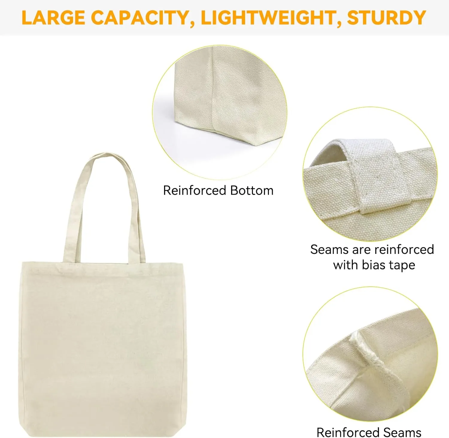 Faylapa 6 Pcs Canvas Tote Bags,Heavy Duty and Strong Easter Hunter Bag Shopping Grocery Bag Blank Cotton Bags for Decorating Crafts DIY,Painting (Beige, 13.6"x 15.3")