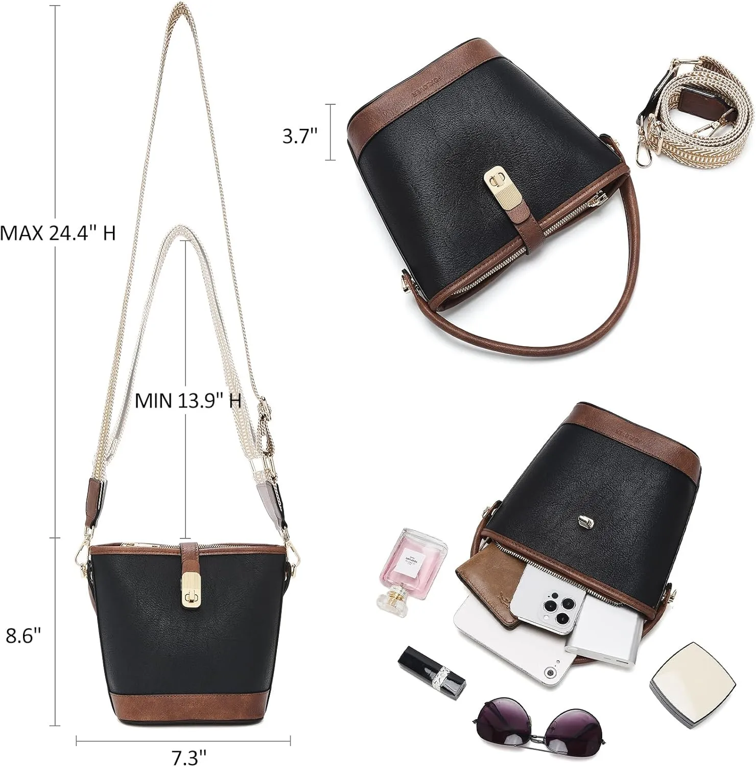 FOXLOVER Small Bucket bags for Women Vegan Leather Top-Handle Handbags Satchel Bag with Detachable Wide Shoulder Strap