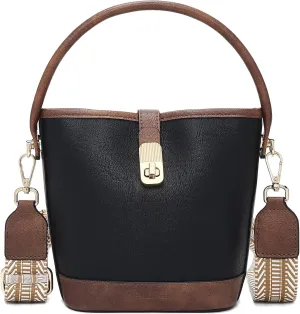 FOXLOVER Small Bucket bags for Women Vegan Leather Top-Handle Handbags Satchel Bag with Detachable Wide Shoulder Strap