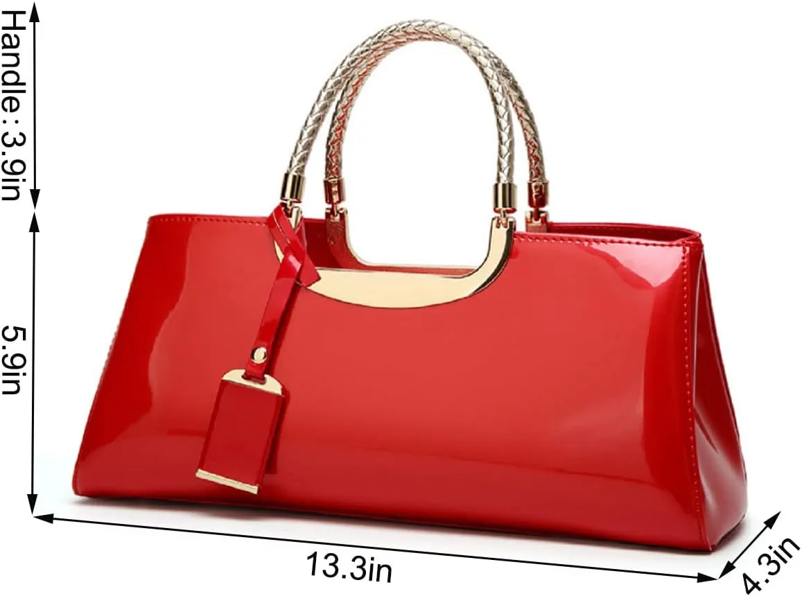 Glossy Women Handbag Faux Patent Leather Top-Handle Bag Structured Shoulder Bag Tote Evening Purse Party Satchel