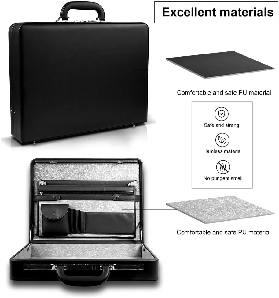 Hard Case Leather Attache for ProfessionalsBusiness Briefcase with Lock for Men