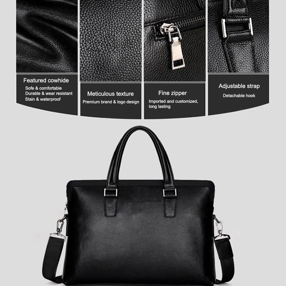 JIUFENG Men Genuine Leather Waterproof Briefcase Laptop Business Shoulder Messenger Bag for Work Office Travel